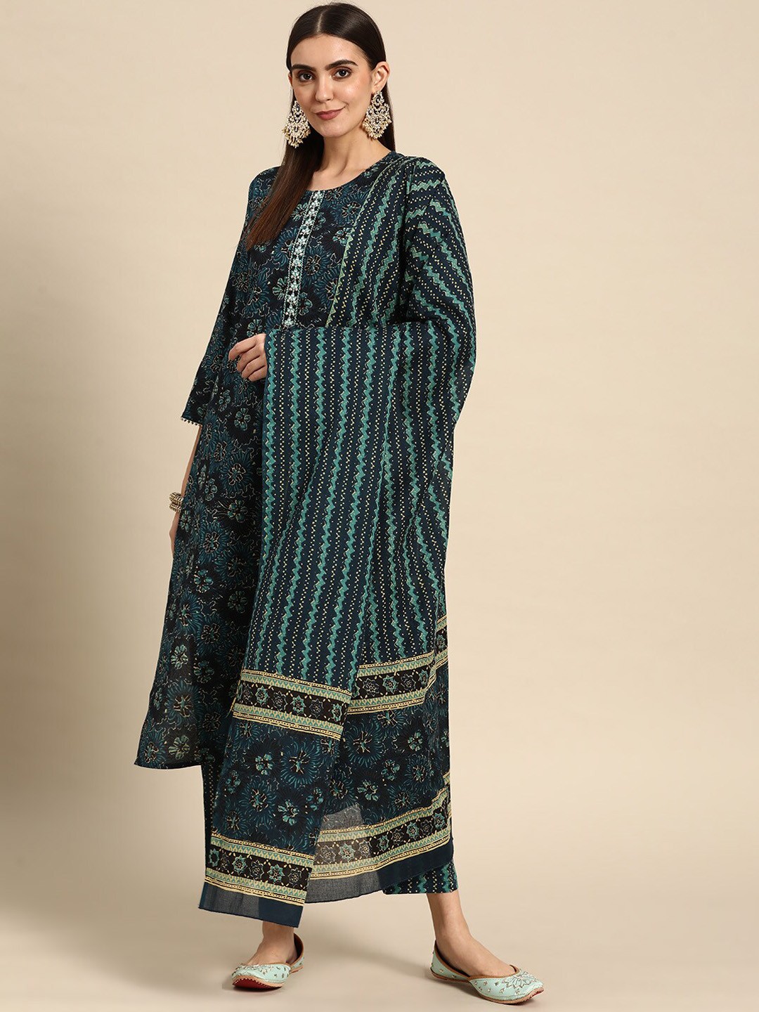 

Prakrti Floral Printed Mirror Work Pure Cotton Kurta with Trousers & Dupatta, Teal