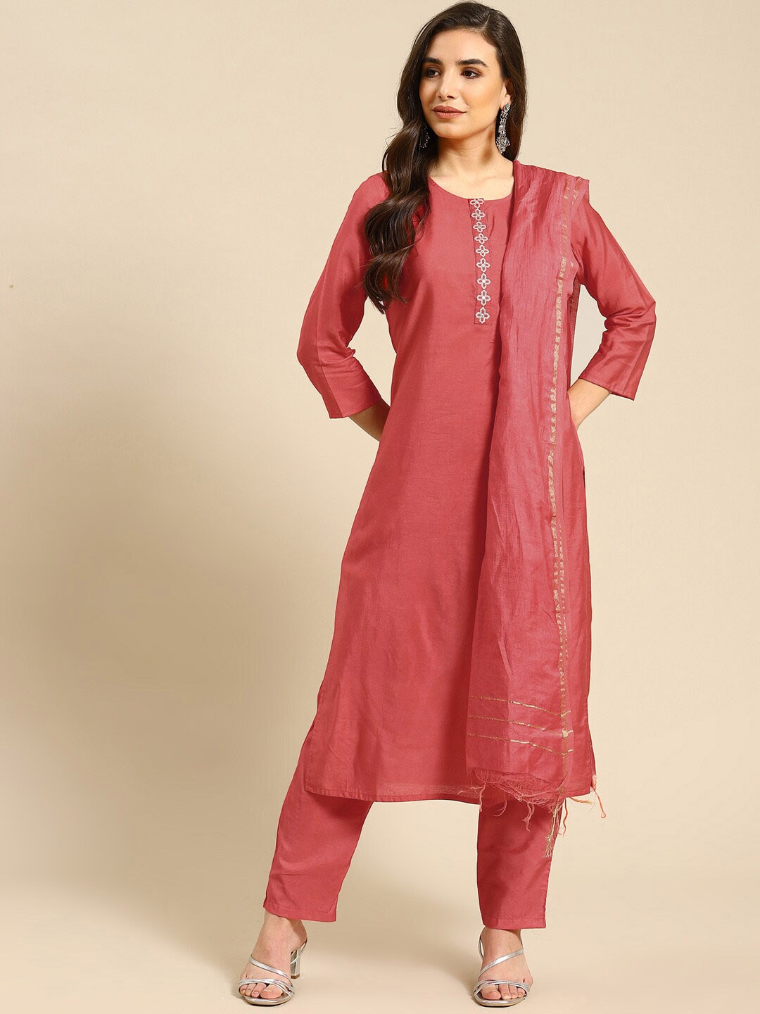 

Prakrti Women Round Neck Kurta with Trousers & Dupatta, Coral