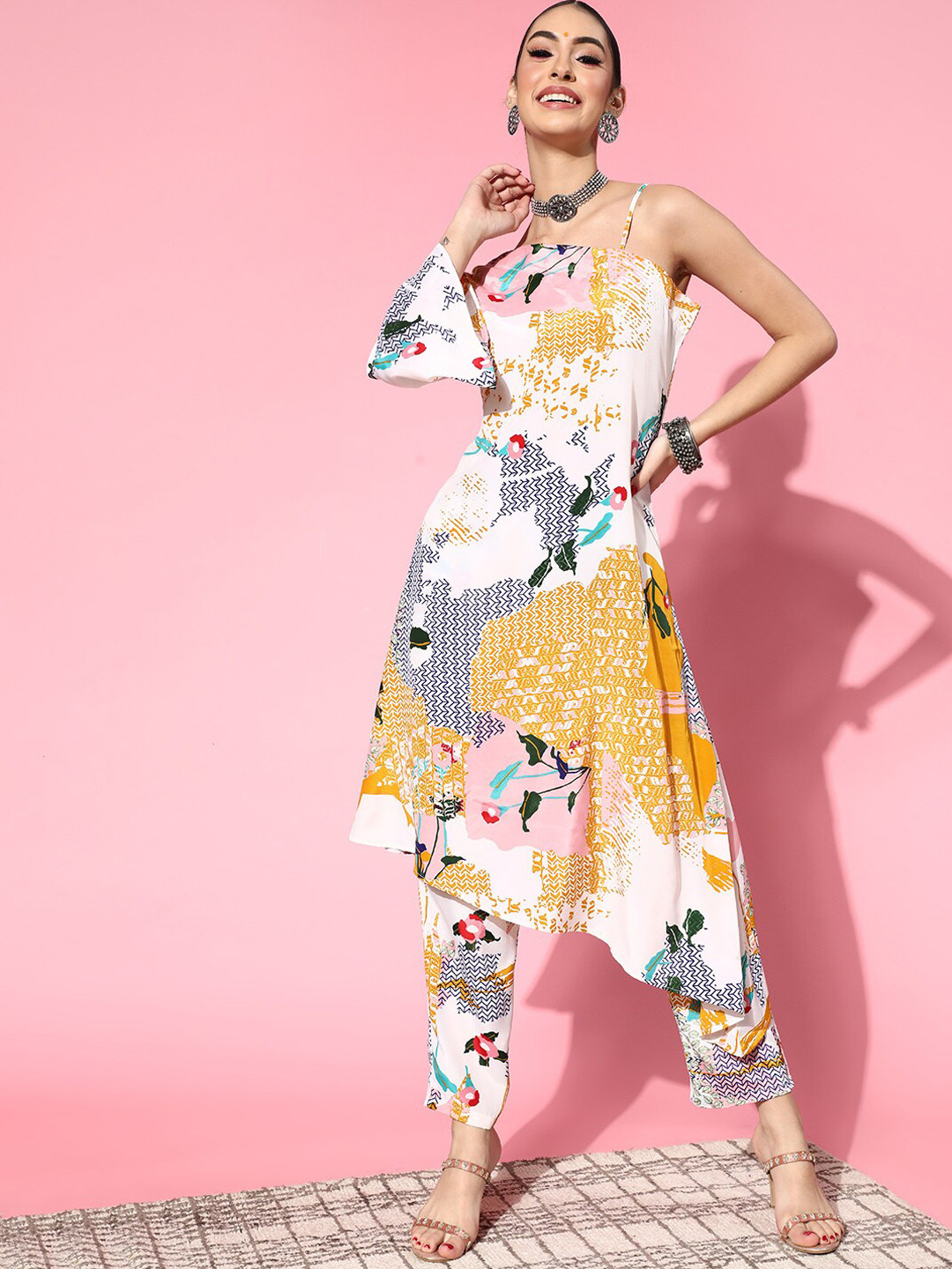 

Prakrti Printed One Shoulder Asymmetric Printed Kurta with Trousers, Cream