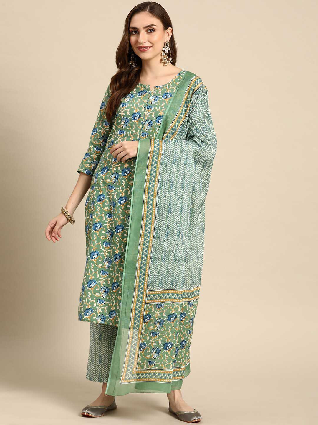 

Prakrti Floral Printed Sequinned Pure Cotton Kurta with Trousers & Dupatta, Green