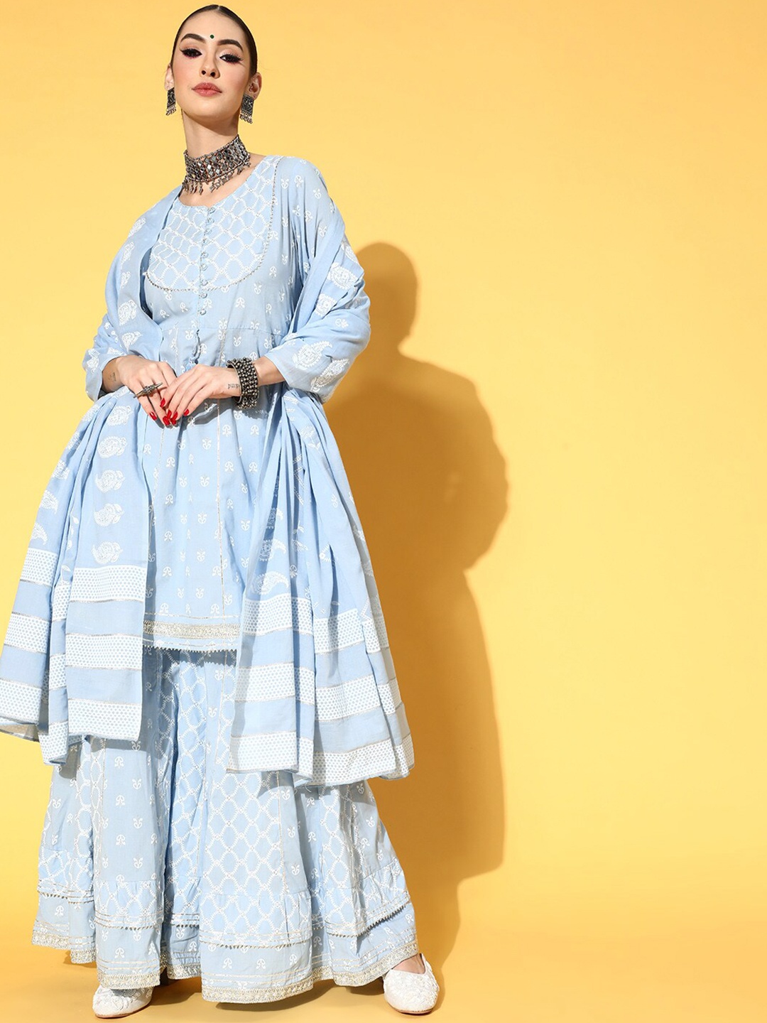 

Prakrti Women Ethnic Motifs Printed Pure Cotton Kurta with Sharara & Dupatta, Blue