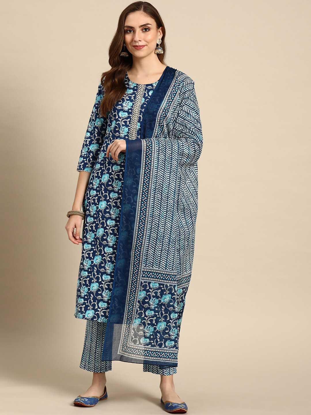 

Prakrti Floral Printed Gotta Patti Pure Cotton Kurta with Trouser & With Dupatta, Blue