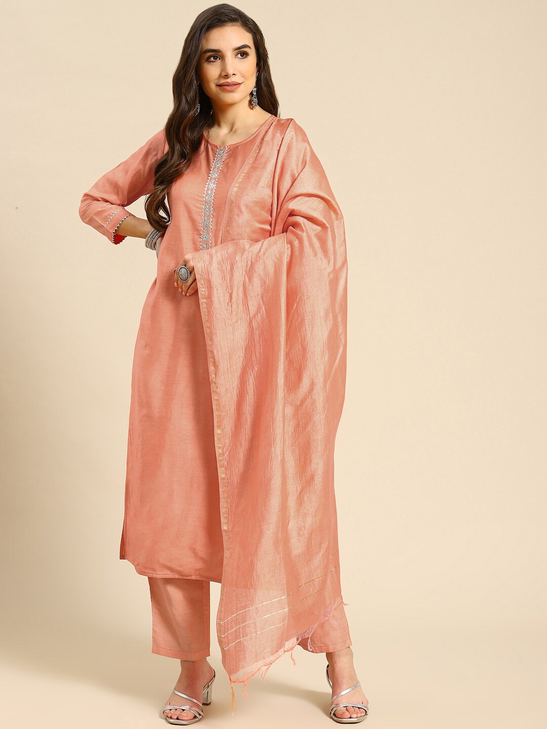 

Prakrti Embroidered Gotta Patti Kurta with Trousers & Dupatta, Peach