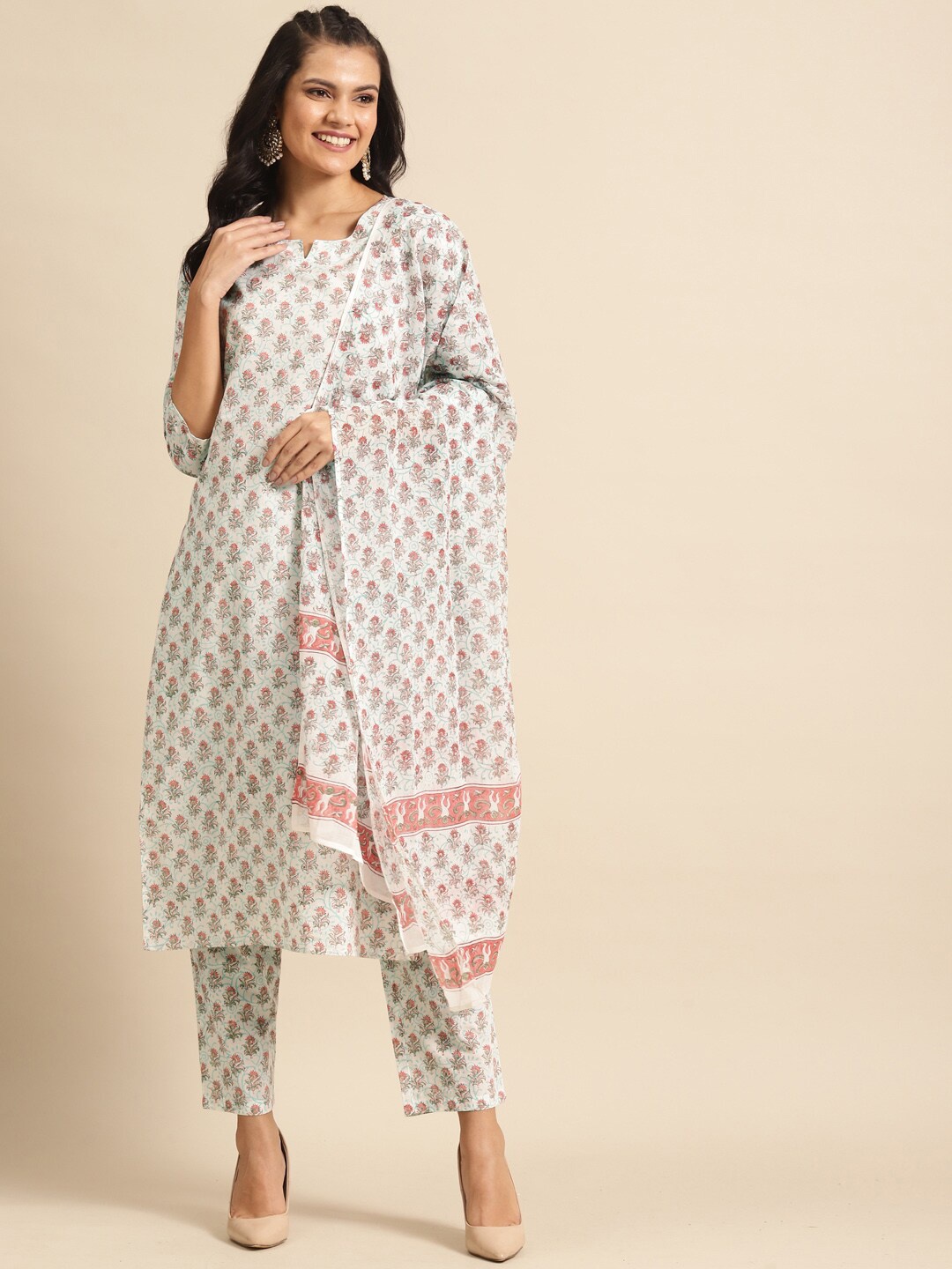 

Prakrti Floral Printed Pure Cotton Kurta with Trousers & Dupatta, White