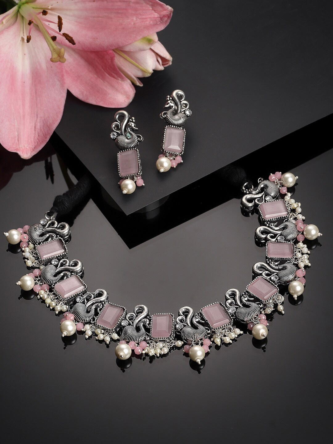 

PANASH Oxidized Silver-Toned Stone-Studded Peacock Pearl Choker Necklace with Earrings