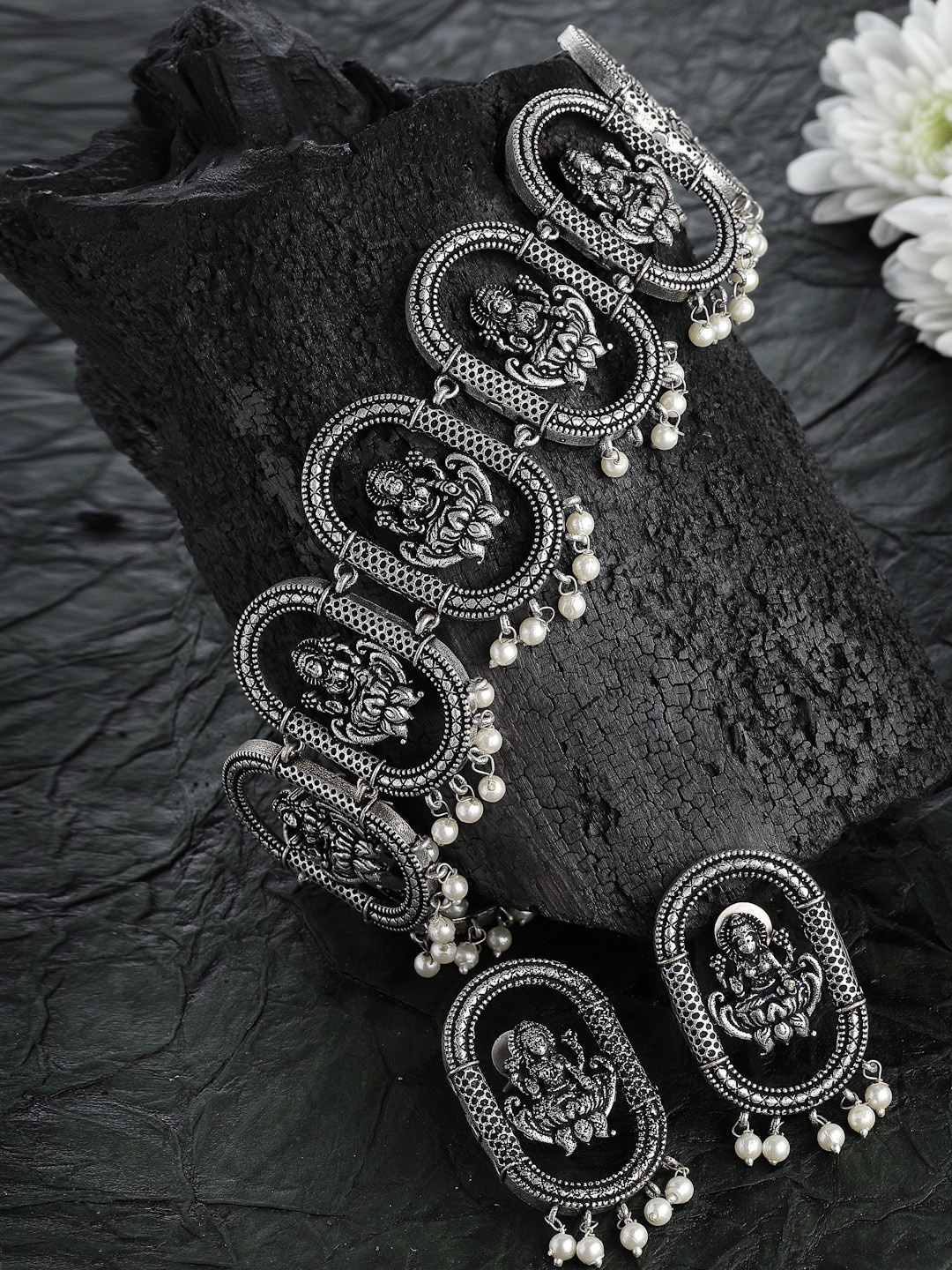 

PANASH Silver-Plated Oxidized Antique Temple Jewellery Set
