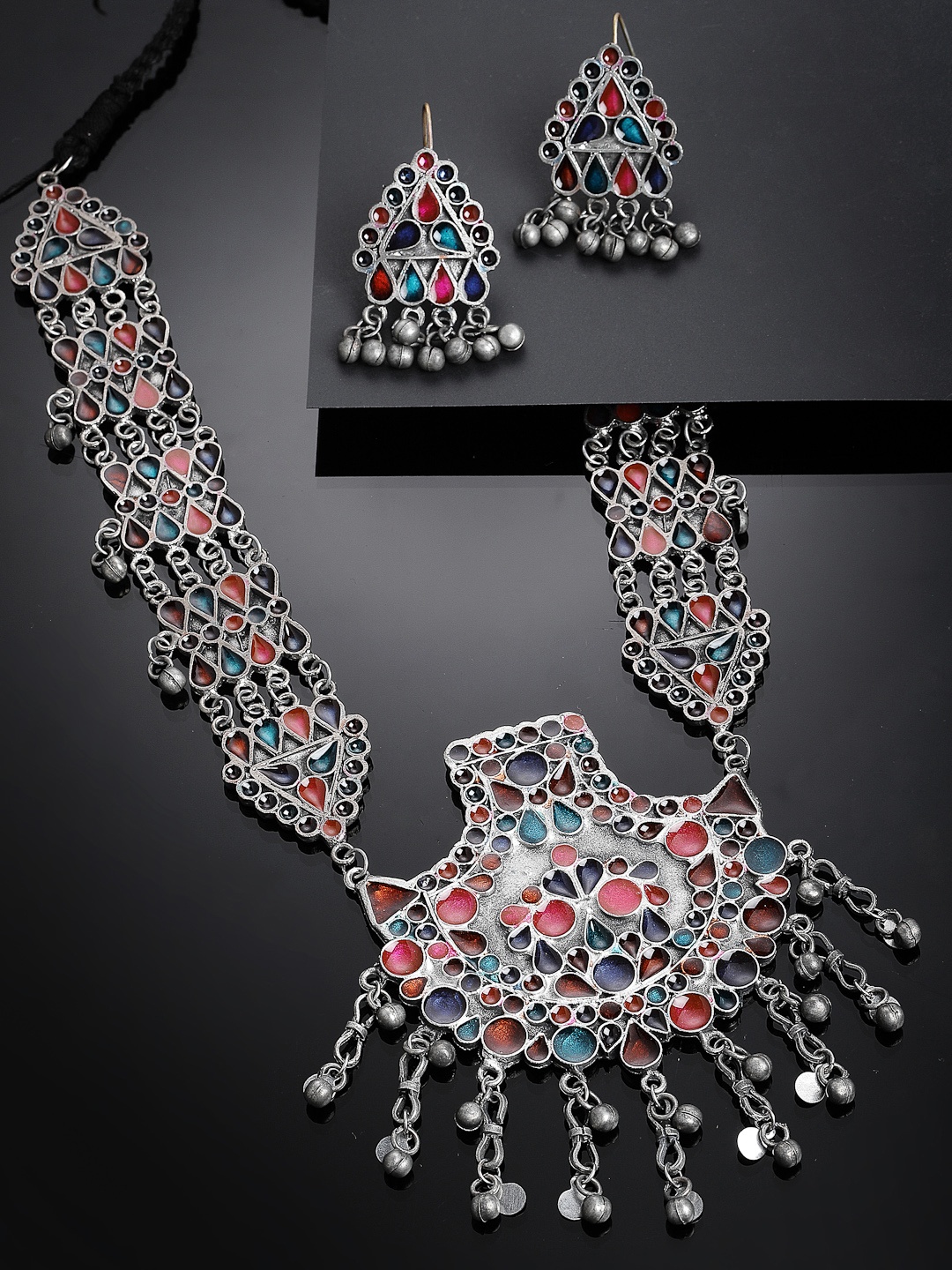 

PANASH Silver-Plated Enameled Oxidised Jewellery Set