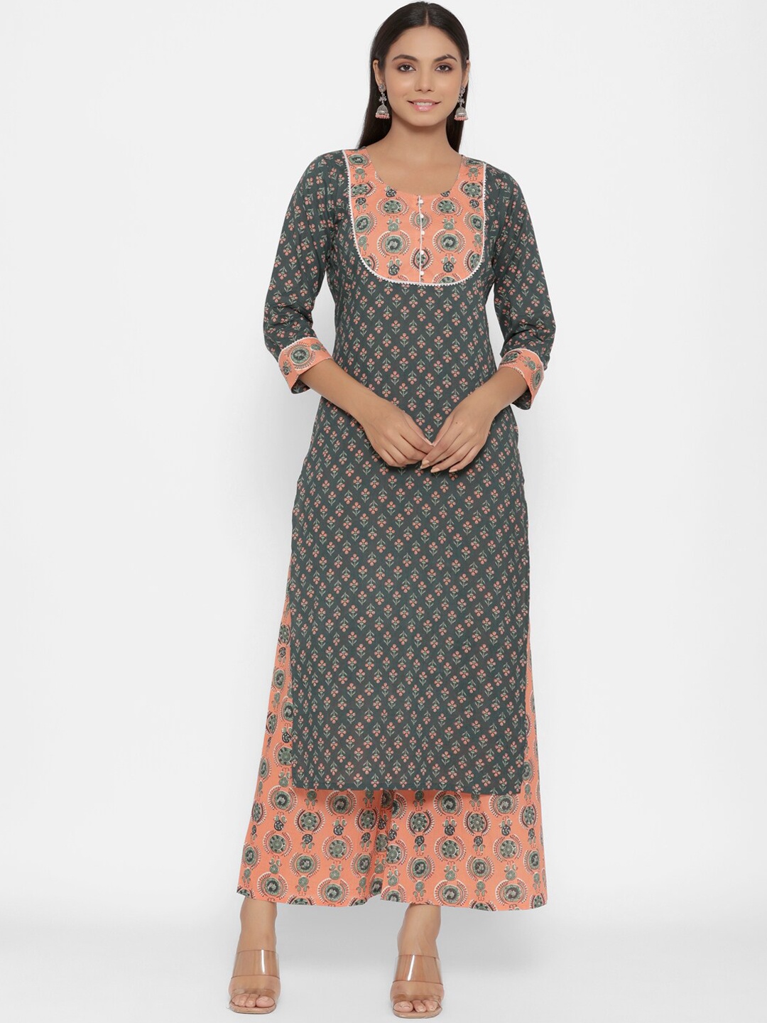 

PARCHHAI Women Ethnic Motifs Printed Pure Cotton Kurta with Palazzos, Green
