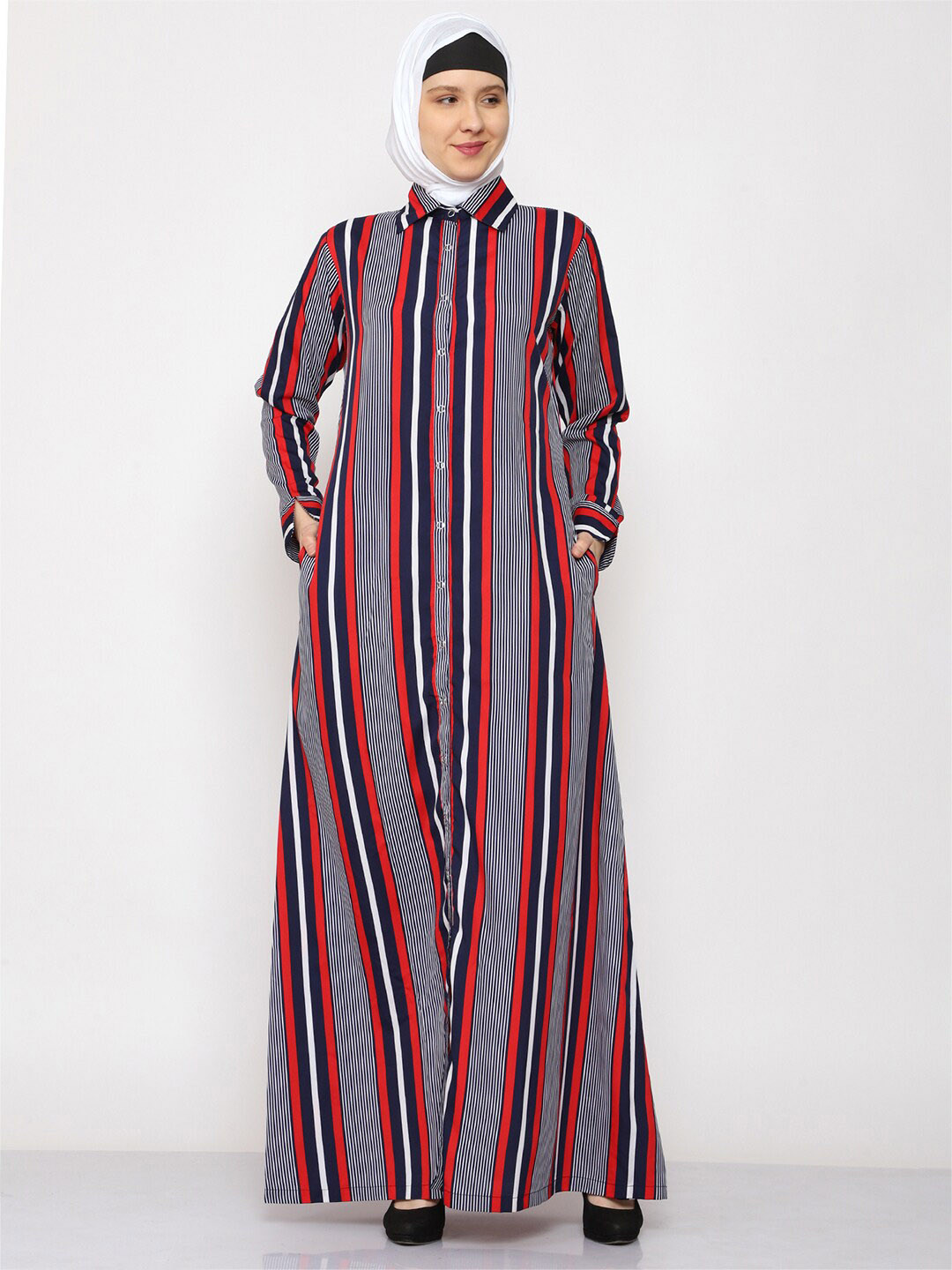 

MOMIN LIBAS Striped Front Open Abaya Burqa With Scarf, Blue
