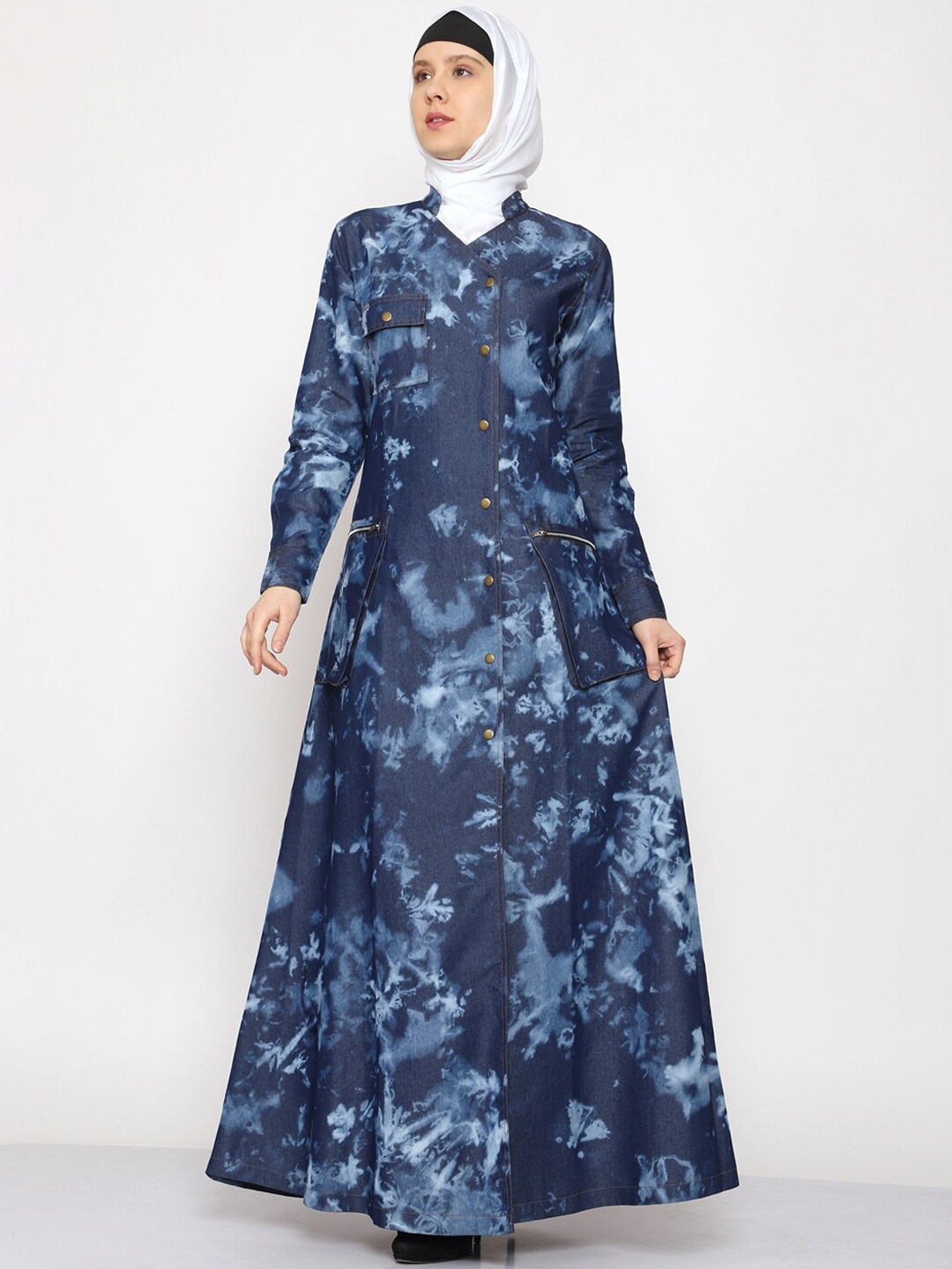 

MOMIN LIBAS Denim Front Open Abaya Burqa with Bubble Wash, Blue