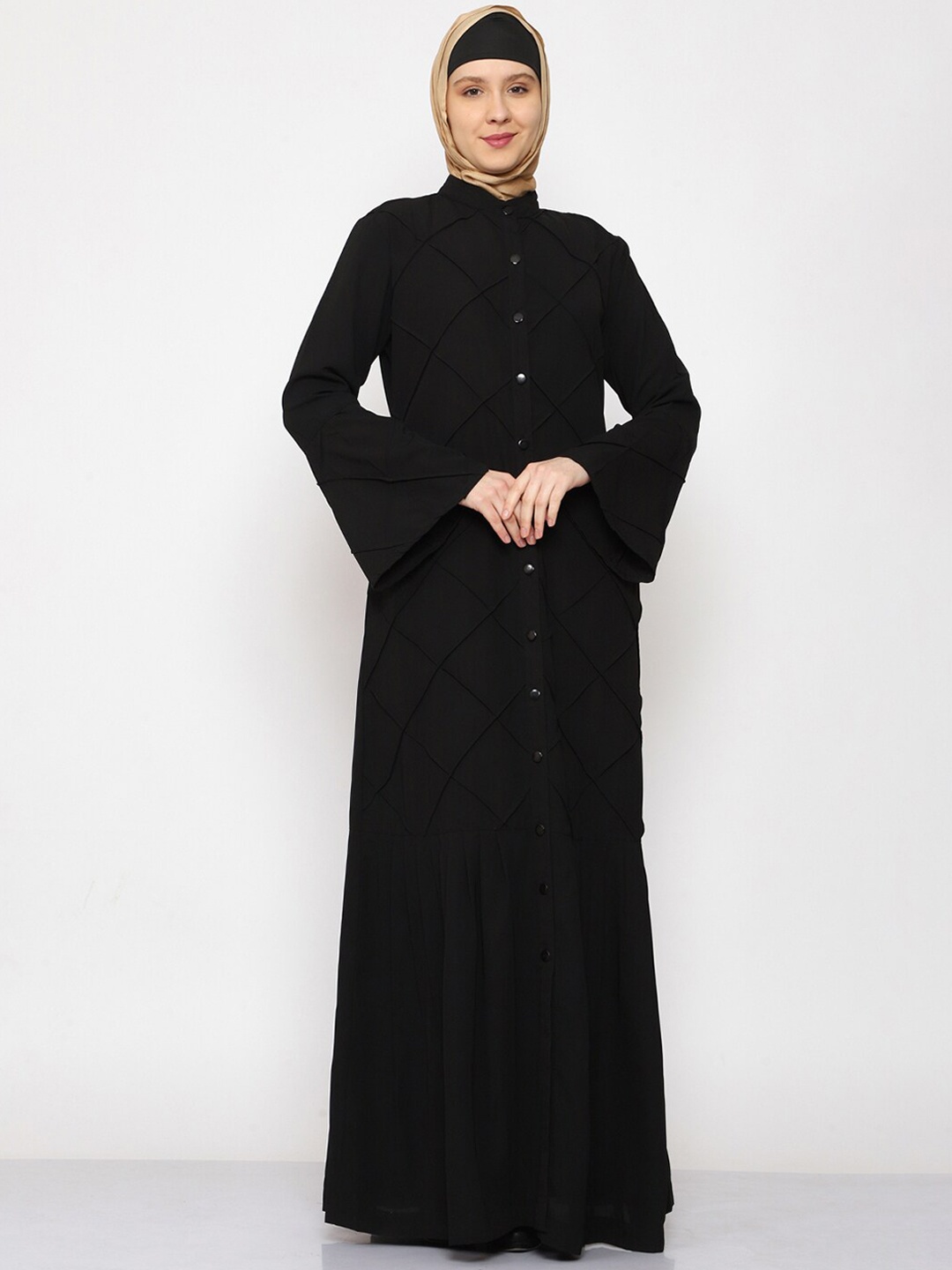 

MOMIN LIBAS Front Open Bell Sleeves Abaya Burqas with Pleated Work, Black