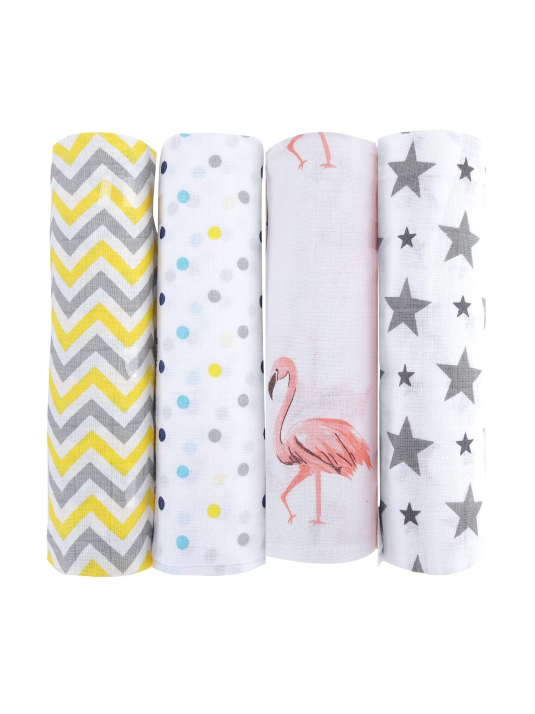 

haus & kinder Infant Kids Pack of 4 Pure Cotton Muslin Printed Swaddle Wrap, White
