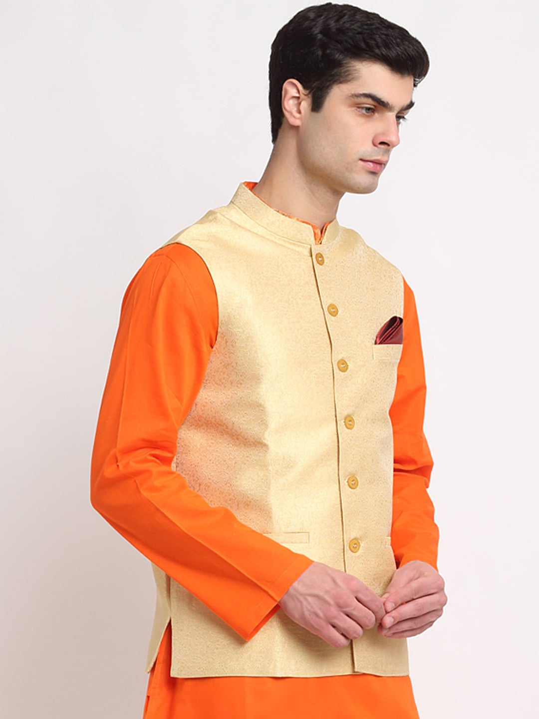 

NEUDIS Men Jacquard Dupion Silk Nehru Jacket, Beige