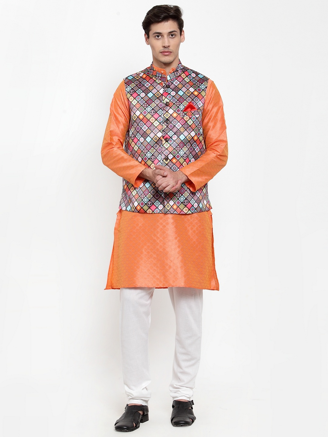 

NEUDIS Printed Satin Mandarin Collar Nehru Jacket, Black