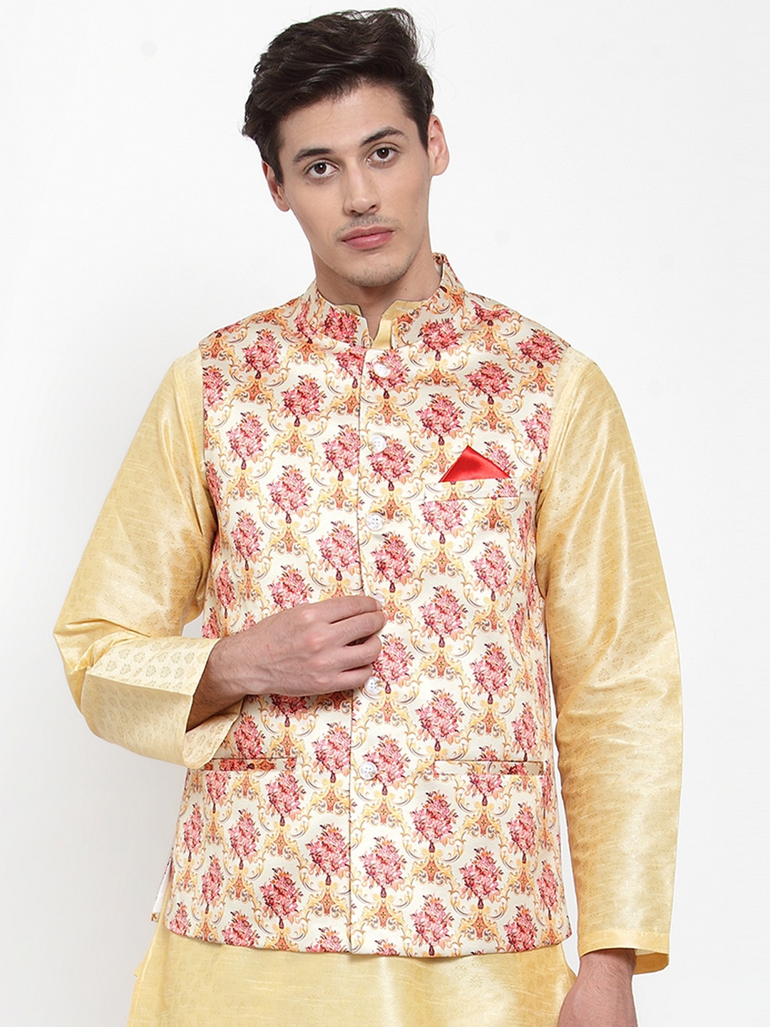 

NEUDIS Printed Woven Nehru Jackets, Beige