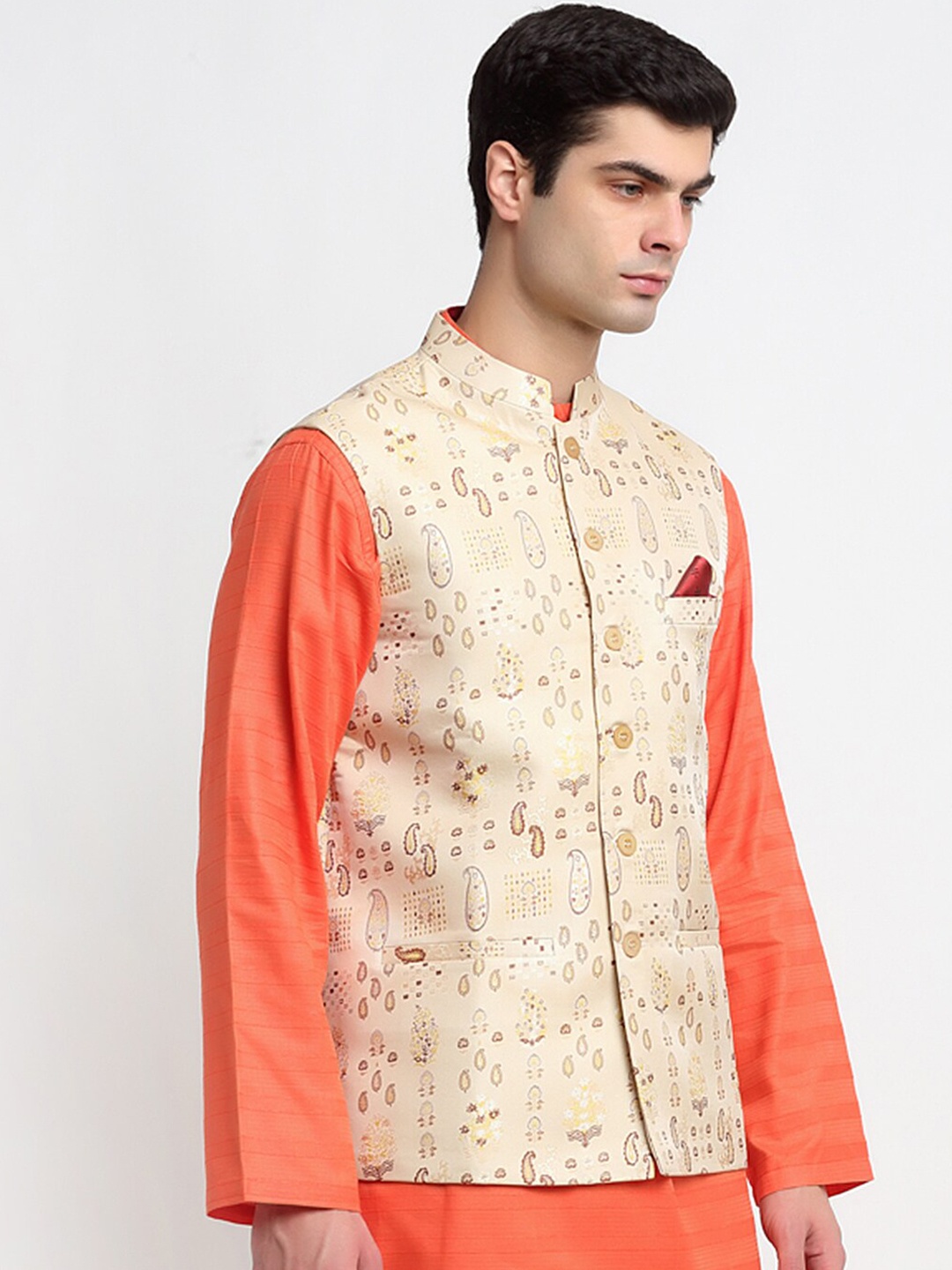 

NEUDIS Men Woven-Designed Nehru Jacket, Beige