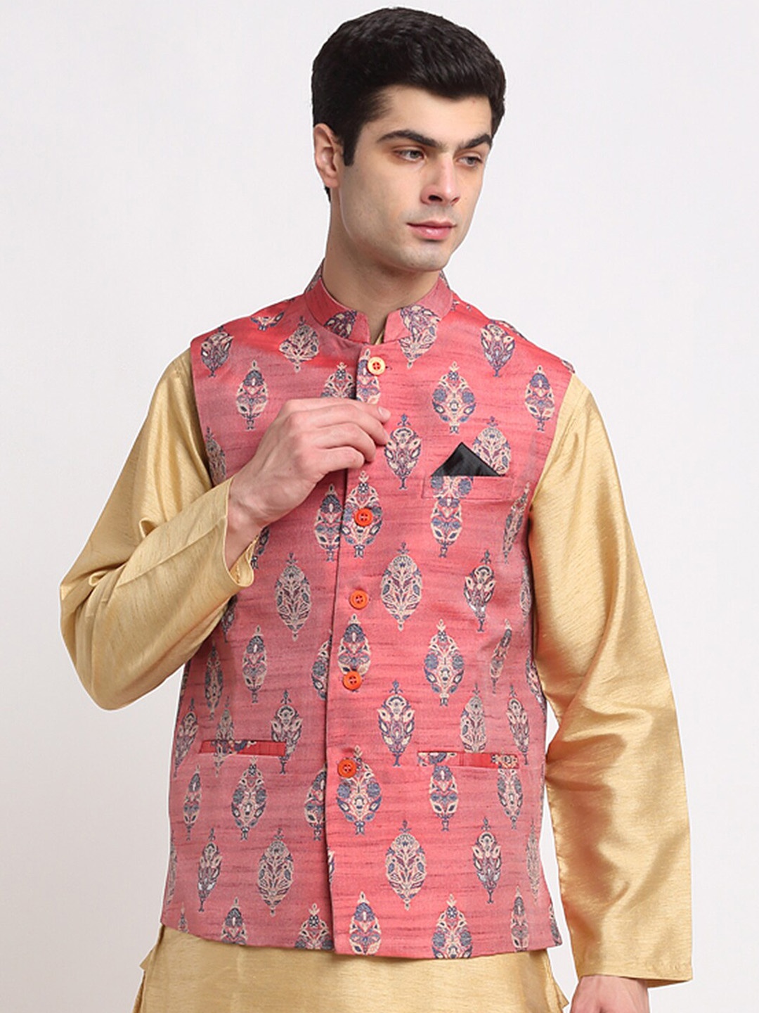

NEUDIS Men Woven Design Jacquard Mandrian Collar Nehru Jacket, Peach