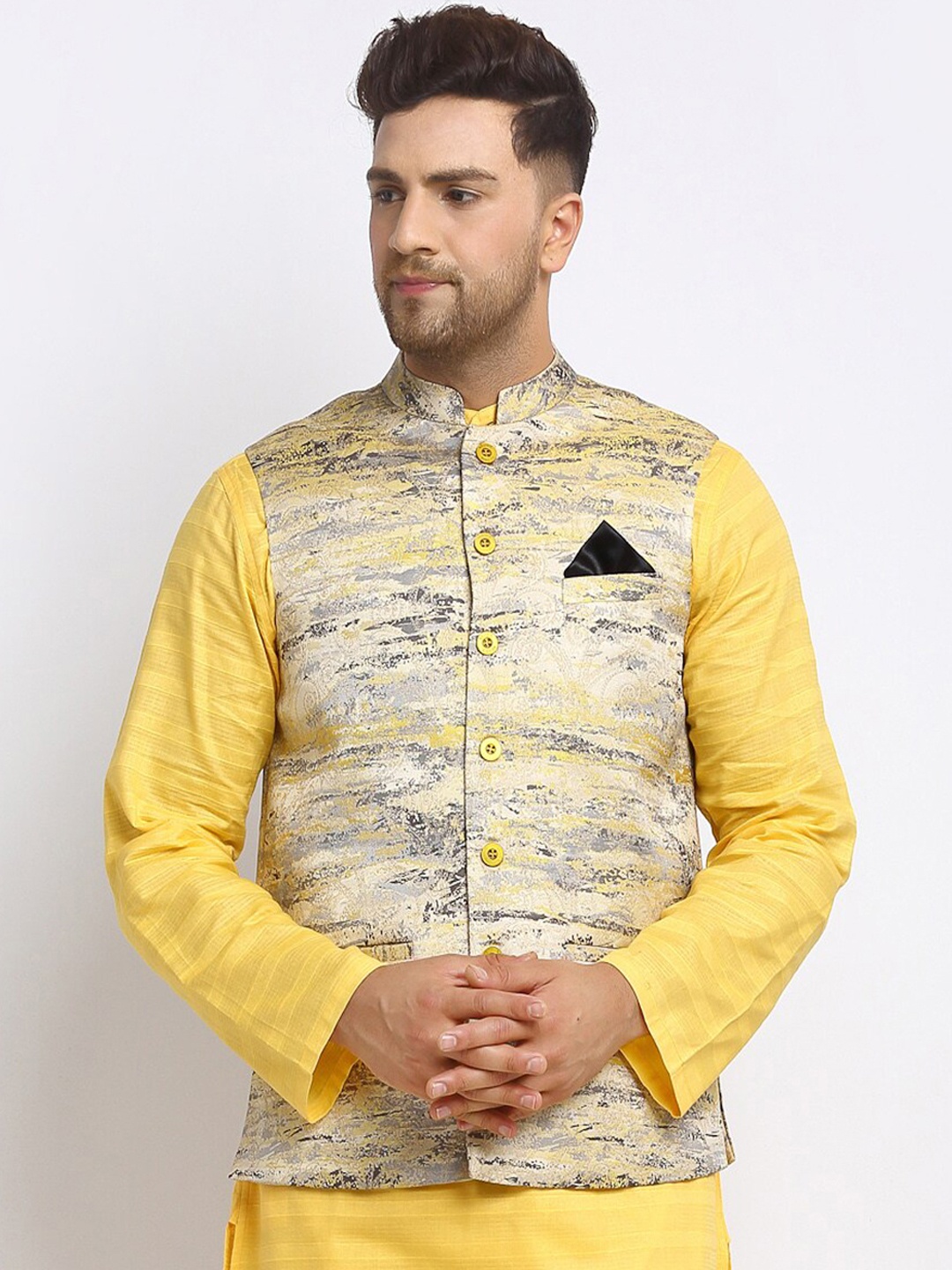 

NEUDIS Men Woven Design Jacquard Nehru Jacket, Yellow