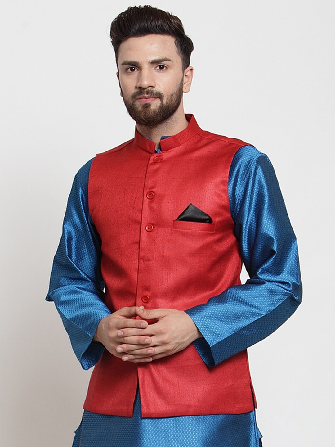 

NEUDIS Men Mandarin Collar Cotton Nehru Jackets, Red