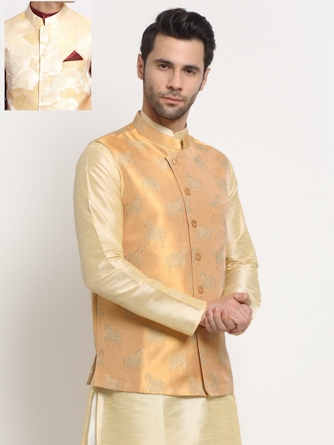 

NEUDIS Men Mandarin Collar Woven Design Nehru Jackets, Gold