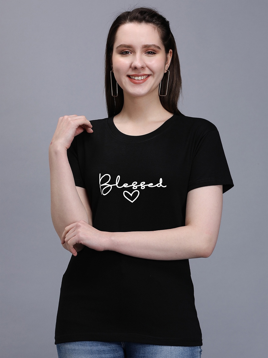 

TRENDY RABBIT Women Typography Printed Cotton T-shirt, Black
