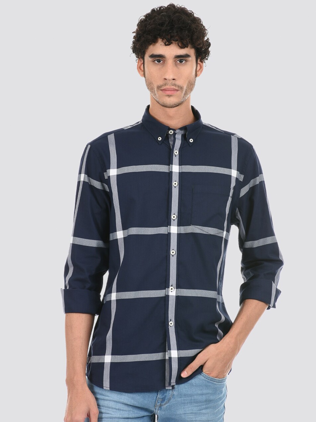 

LONDON FOG Men Windowpane Checks Cotton Casual Shirt, Navy blue