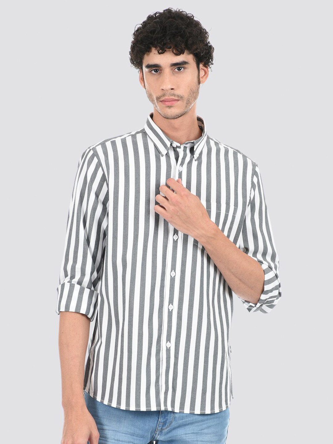 

LONDON FOG Men Striped Cotton Casual Shirt, Grey
