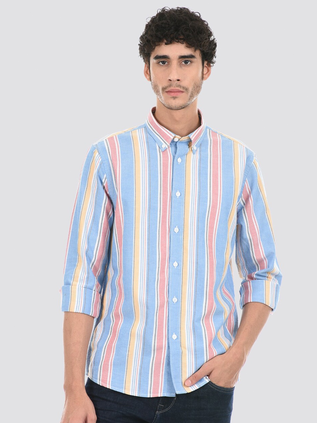 

LONDON FOG Men Horizontal Striped Cotton Casual Shirt, Blue