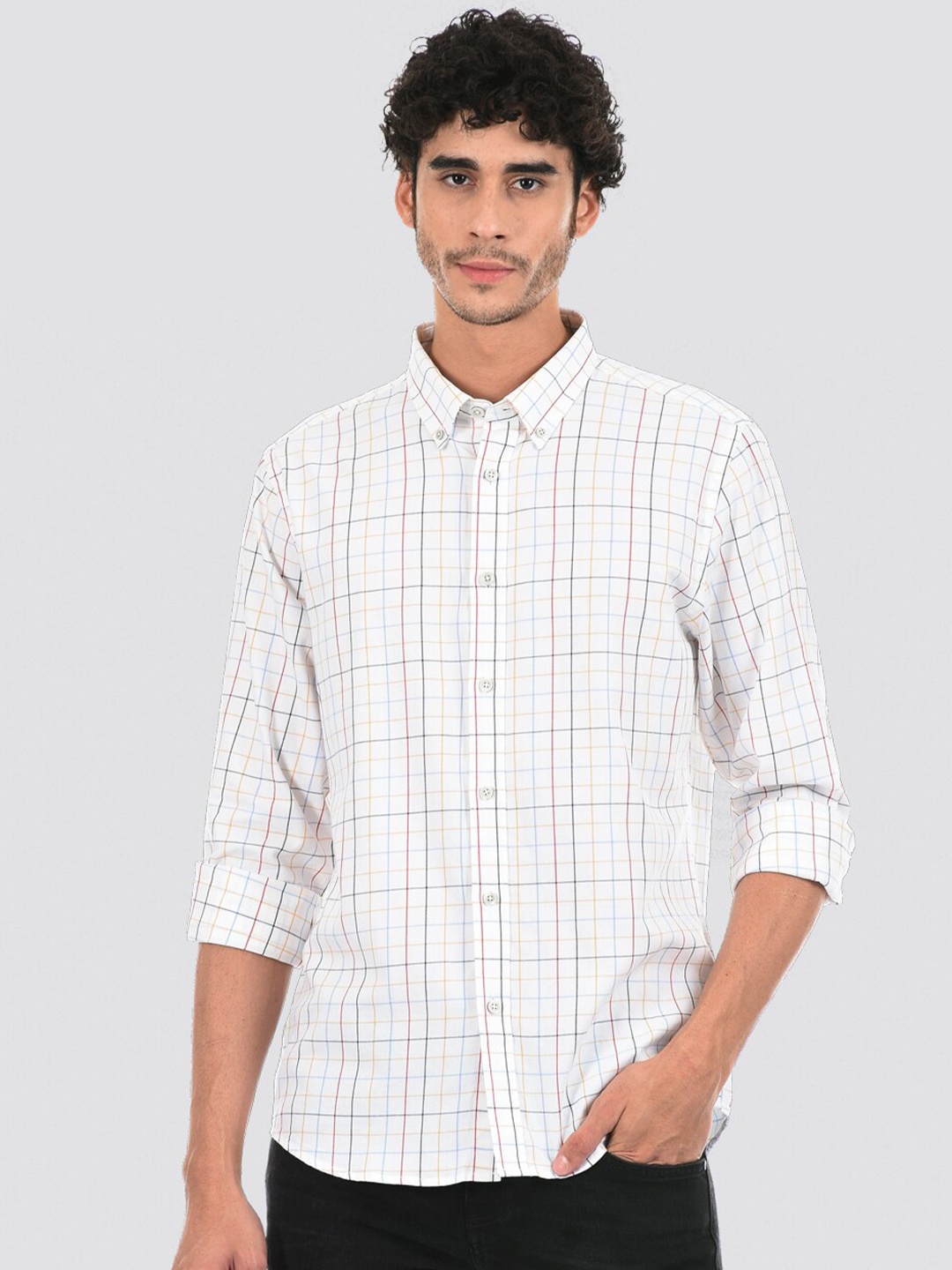 

LONDON FOG Men Grid Tattersall Checked Cotton Casual Shirt, White