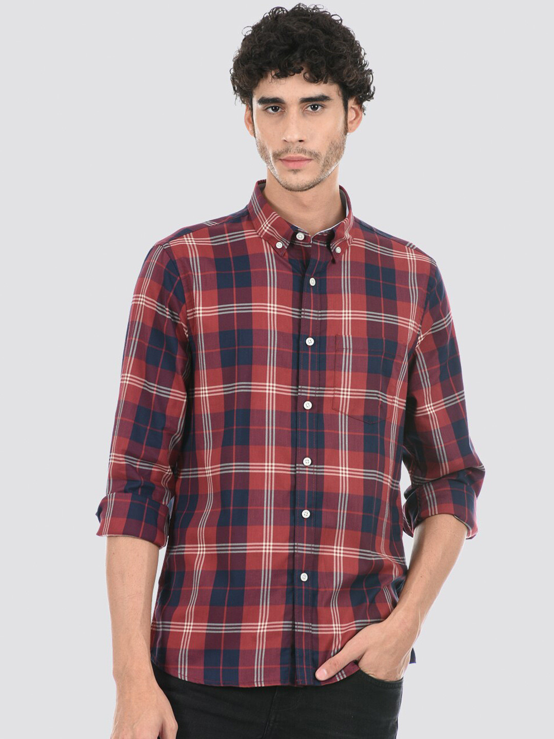

LONDON FOG Men Tartan Checks Casual Cotton Shirt, Maroon