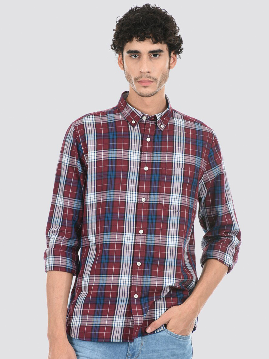 

LONDON FOG Men Checked Casual Cotton Shirt, Maroon