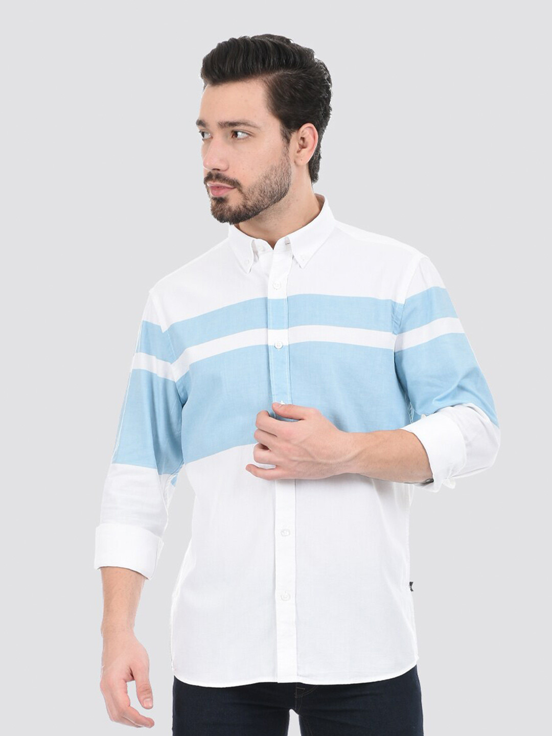 

LONDON FOG Men Colourblocked Button-Down Collar Casual Cotton Shirt, White