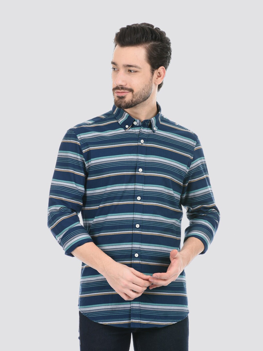 

LONDON FOG Men Horizontal Striped Casual Cotton Shirt, Navy blue