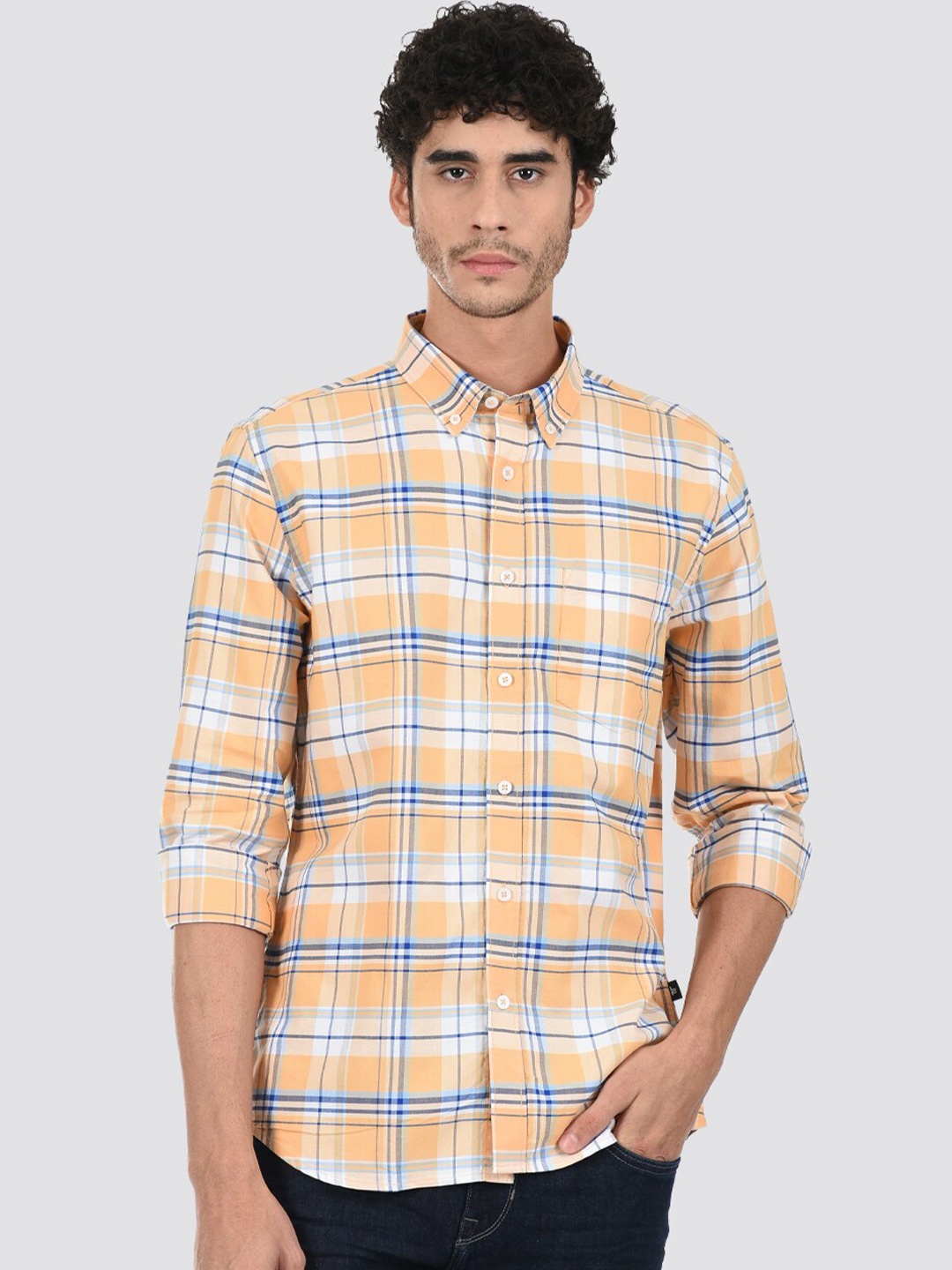 

LONDON FOG Men Tartan Checked Button-Down Collar Casual Cotton Shirt, Orange