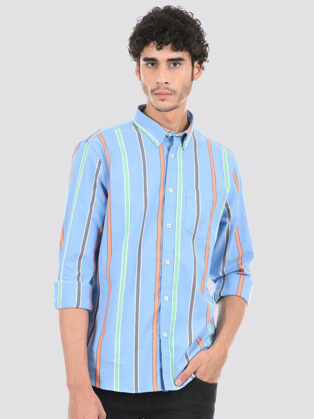 

LONDON FOG Men Striped Casual Cotton Shirt, Blue