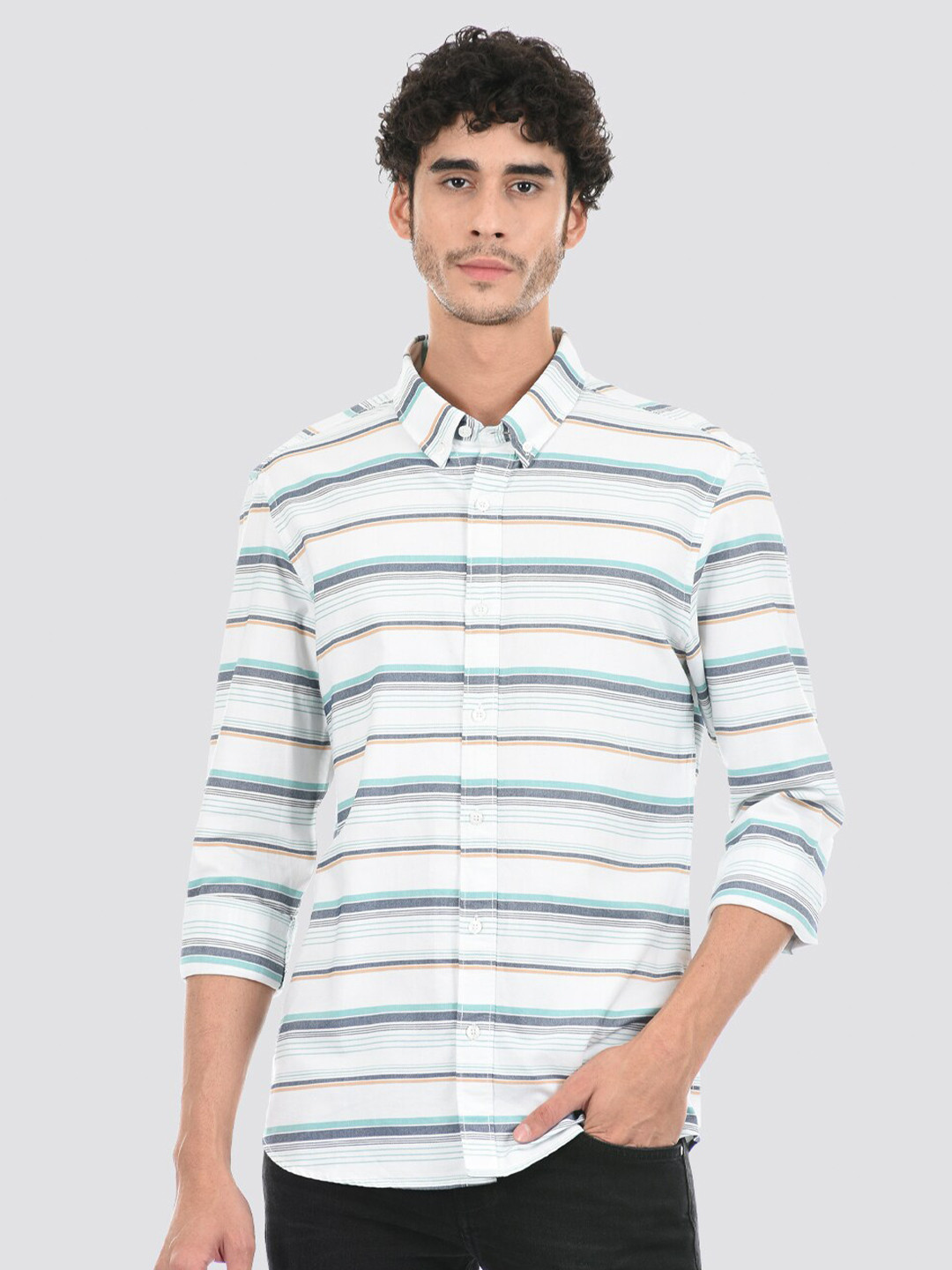 

LONDON FOG Men Horizontal Striped Casual Cotton Shirt, White