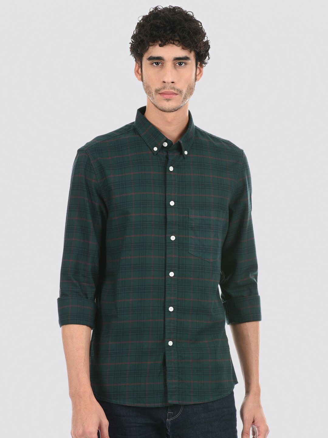 

LONDON FOG Men Checked Cotton Casual Shirt, Green