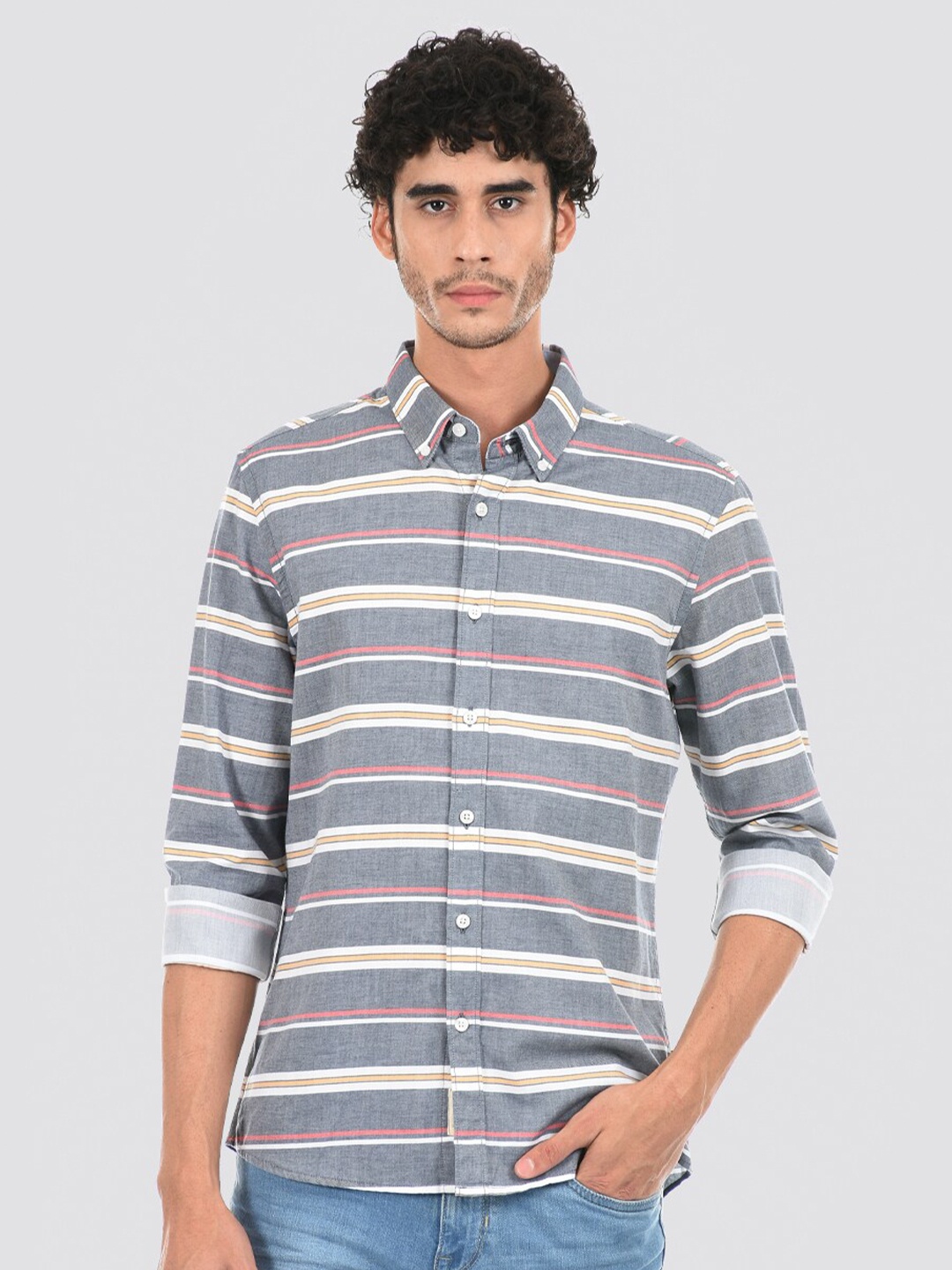 

LONDON FOG Men Horizontal Striped Cotton Casual Shirt, Grey