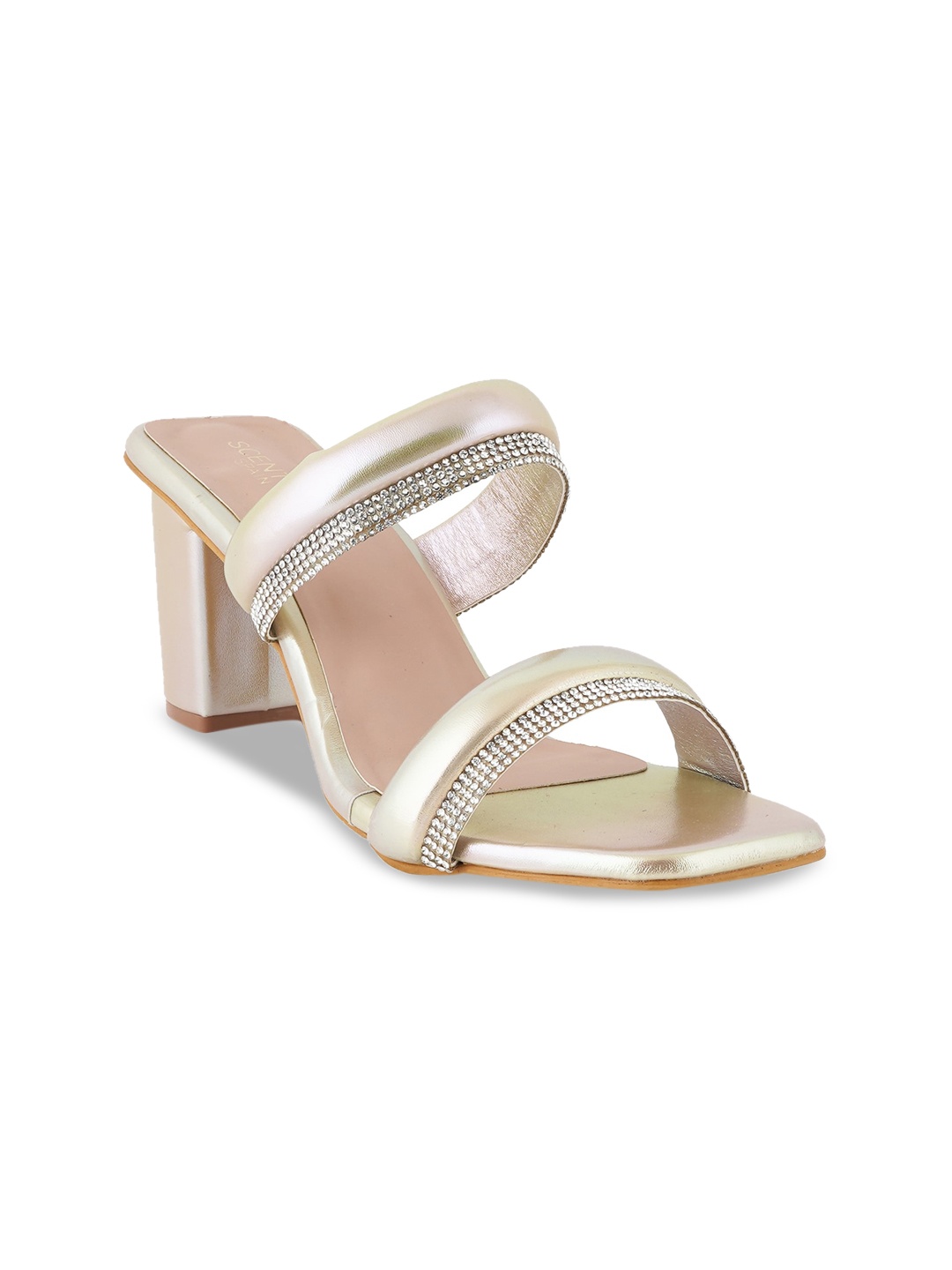 

SCENTRA Embellished Open Toe Block Heels, Tan