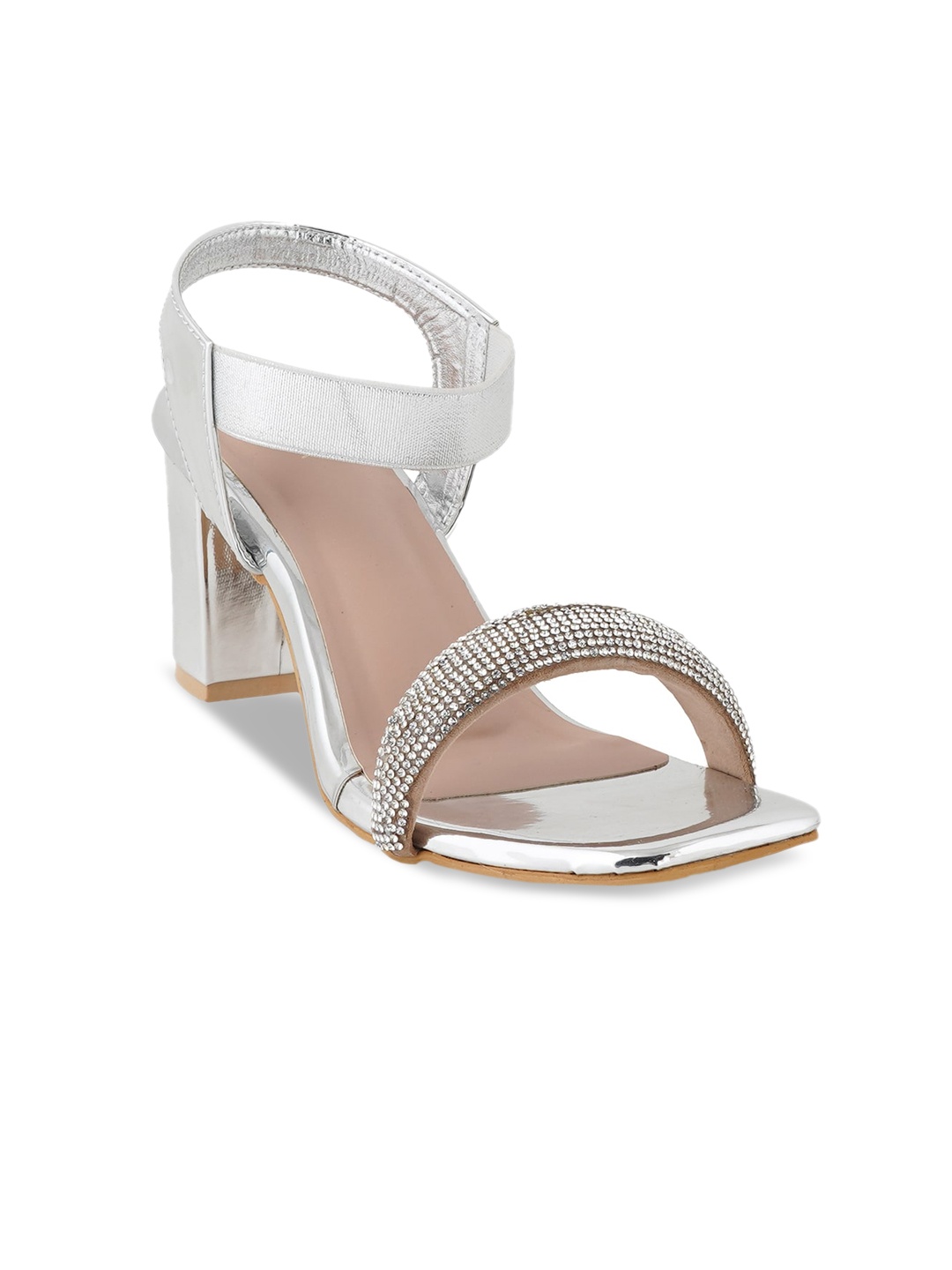 

SCENTRA Embellished Open Toe Block Heels, Silver