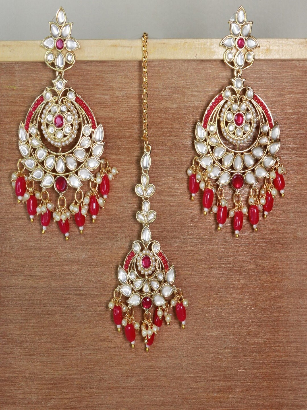 

I Jewels Gold-Plated Kundan-Studded & Beaded Jewellery Set