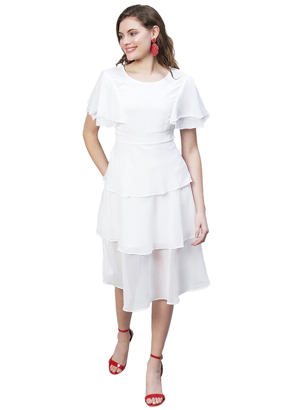 

eshami Layered Georgette A-Line Dress, White