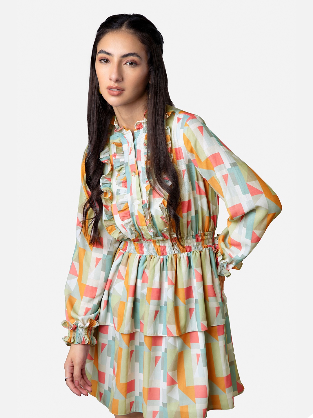 

NEOFAA Geometric Printed High Neck Fit and Flare Dress, Orange