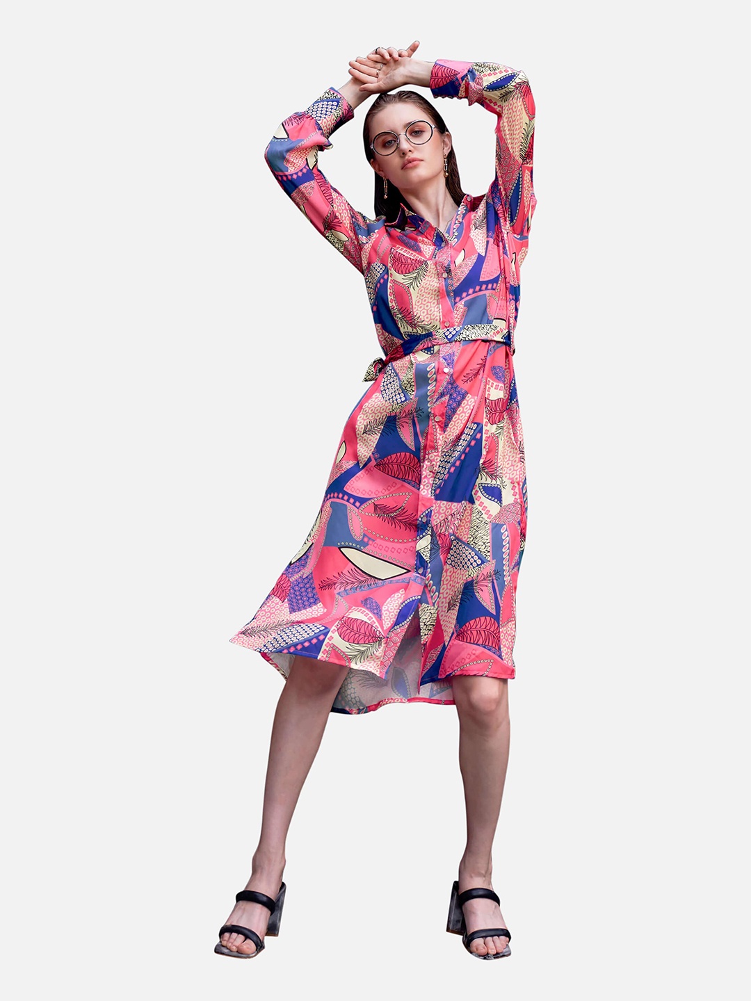 

NEOFAA Tropical Printed Belted Shirt Dress, Pink