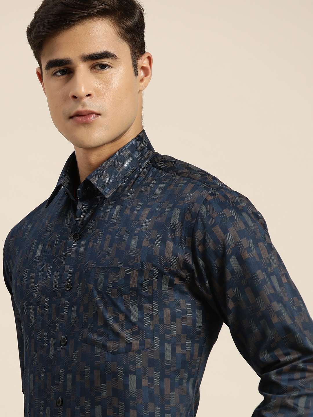 

Hancock Men Club Microditsy Printed Cotton Satin Slim Fit Party Shirt, Navy blue
