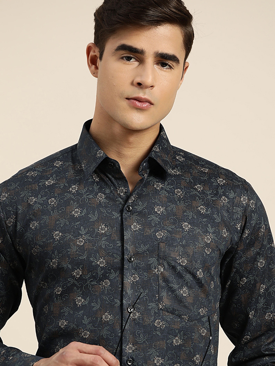 

Hancock Men Club Floral Printed Cotton Satin Slim Fit Shirt, Navy blue
