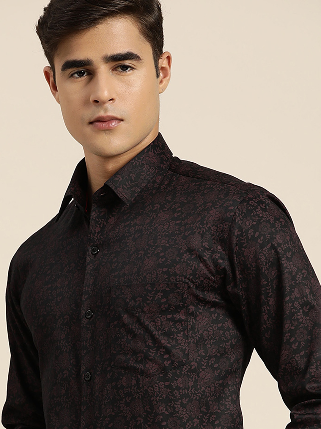 

Hancock Men Club Floral Cotton Satin Slim Fit Party Shirt, Black