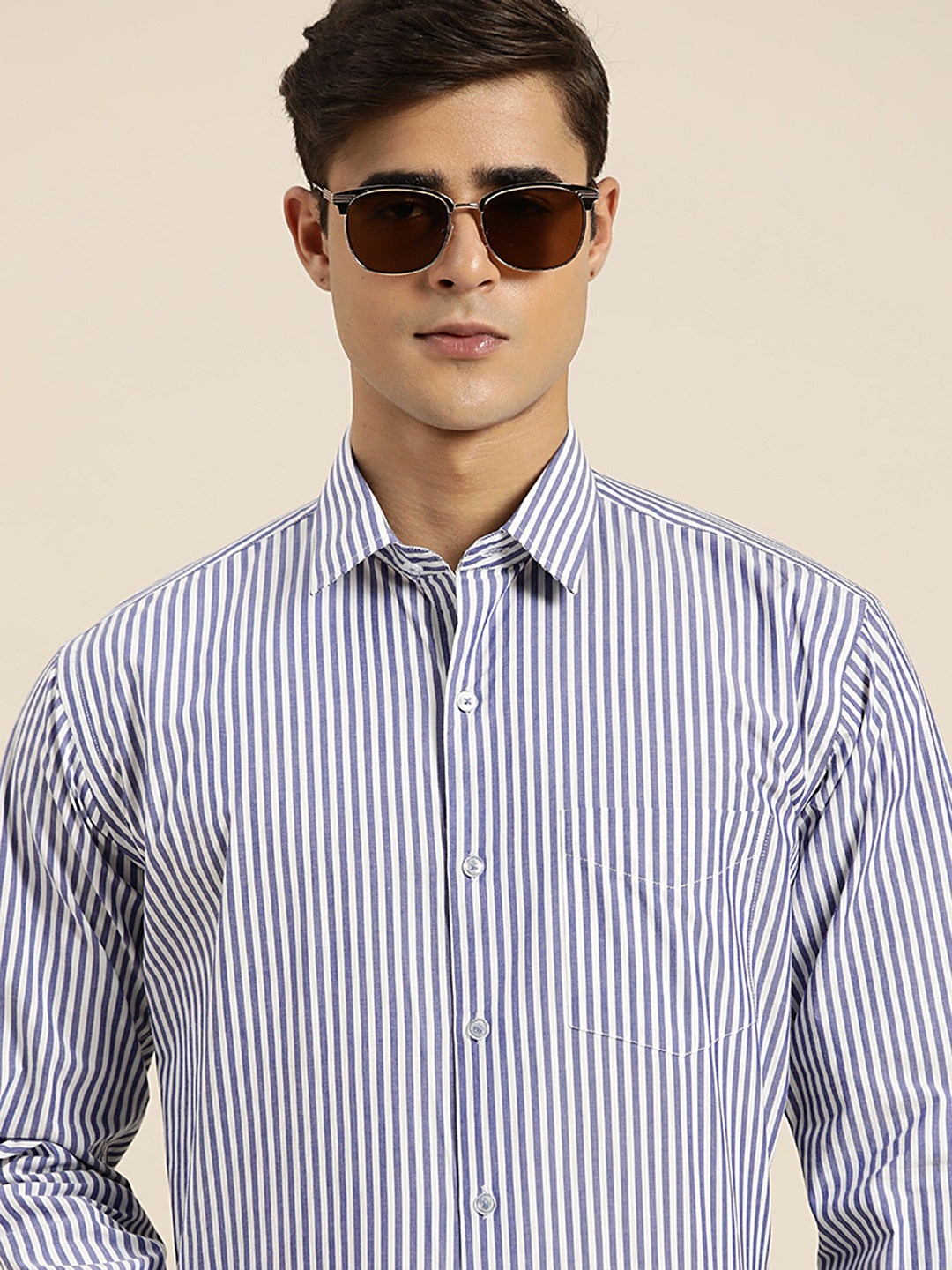 

Hancock Candy Striped Pure Cotton Regular Fit Formal Shirt, Blue