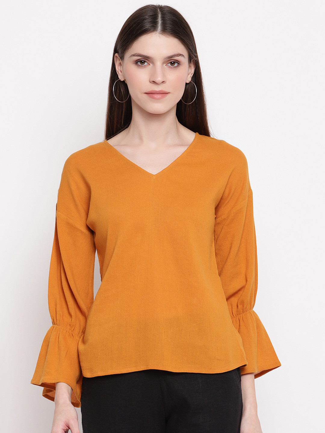 

sandy AND ritz V-Neck Pure Cotton Bell Sleeves Top, Yellow