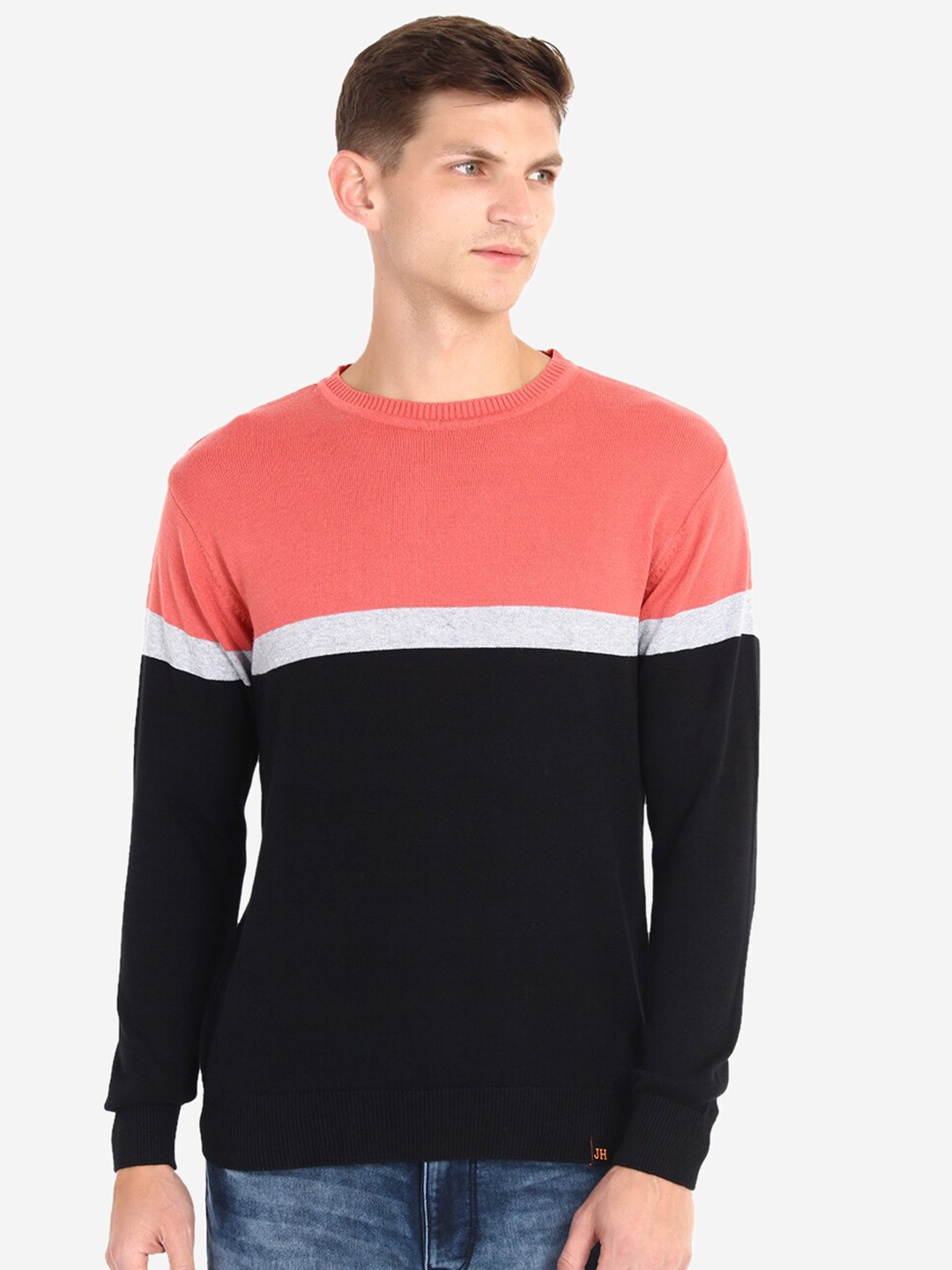 

JoE Hazel Men Colourblocked Cotton Pullover, Peach